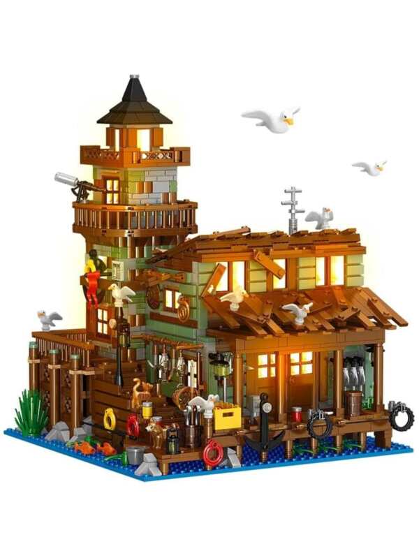 Fishing Village Store House Building Set With LED Light Wood Cabin Mini Building Block Architecture STEM Toys Kit Birthday Gift For Adults Kids Boys Girls Room Decoration Multicolor