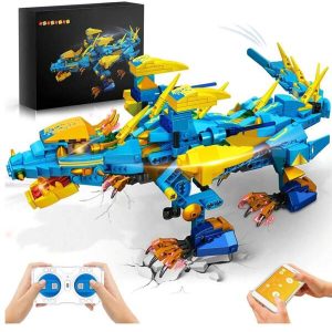 Remote & APP Control Dragon Building Kit RC Dragon Building Block Kit Educational Birthday Gifts Toys For 7 8 9 10 11 12-15 Years Old Boys Girls Room Decoration Blue