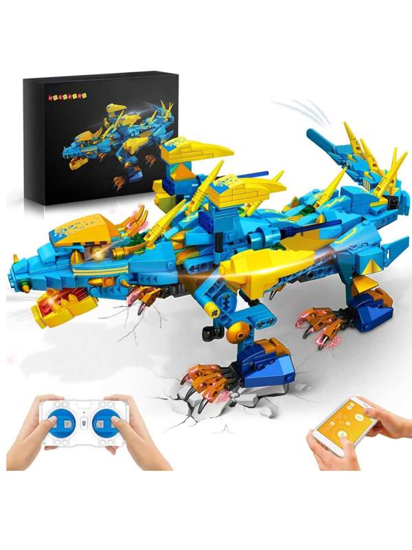 Remote & APP Control Dragon Building Kit RC Dragon Building Block Kit Educational Birthday Gifts Toys For 7 8 9 10 11 12-15 Years Old Boys Girls Room Decoration Blue