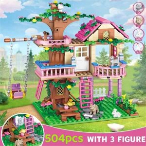 Dream City Friendship Tree House Princess Castle Swinging On A Swing Building Blocks Street View Series House Bricks Model Assembled Toys Gift Room Decoration Mint Green