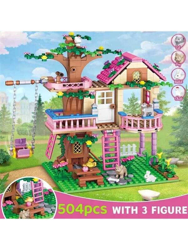 Dream City Friendship Tree House Princess Castle Swinging On A Swing Building Blocks Street View Series House Bricks Model Assembled Toys Gift Room Decoration Mint Green