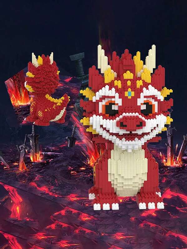 Flame Qilin Dragon High Difficulty Assembled Building Block Toys Flame Dragon Assembled Ornaments Small Particle Assembled Building Blocks Floor-Standing Ornaments Fun Building Toys Room Decoration Multicolor