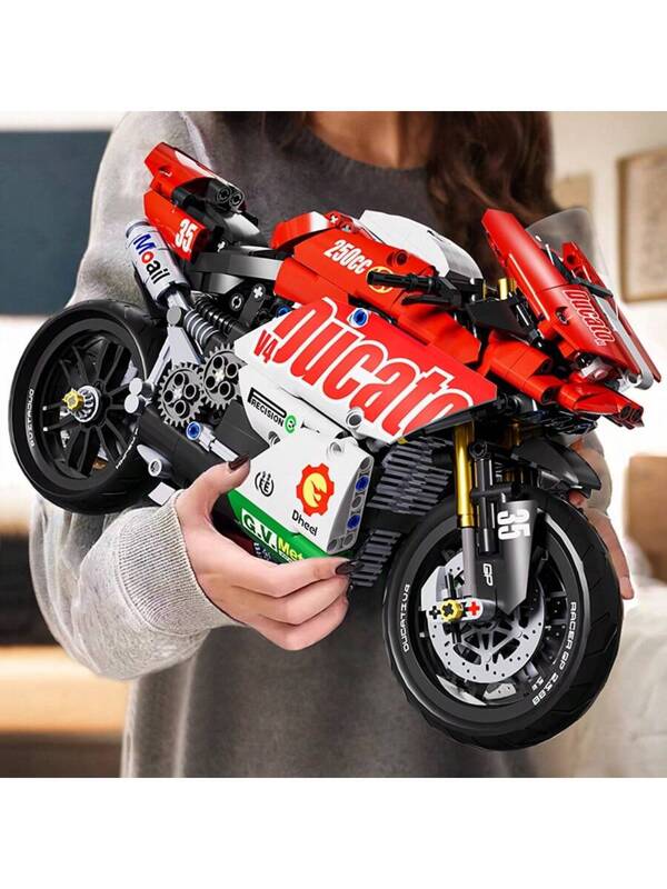 Christmas Decoration 863pcs V4 Motorcycle Building Blocks Set, Technic Series Super Motorbike Model, Technical Racing, Adult Assembly Toys, Birthday Gift / Holiday Gifts Red and White